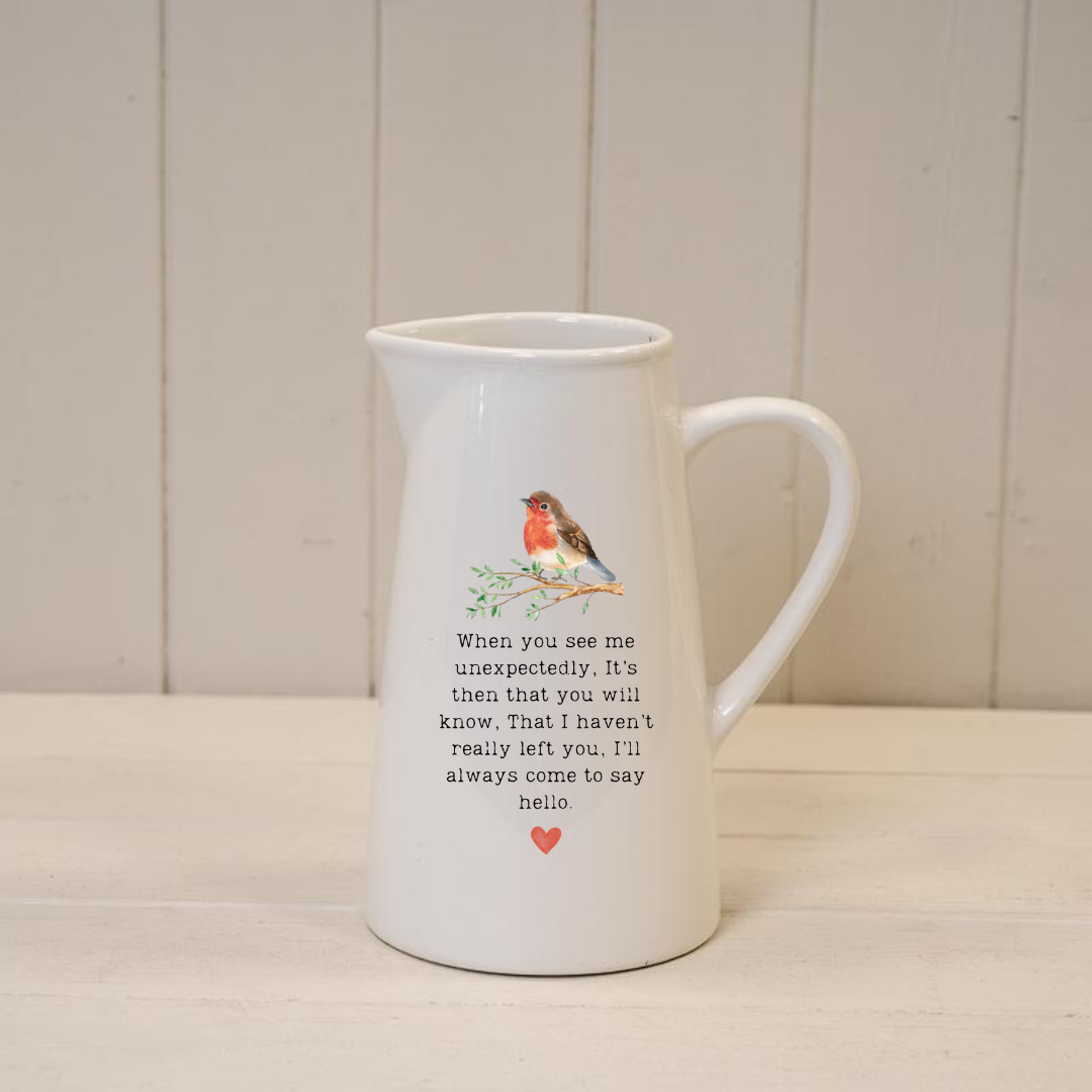 Robin ‘Say hello’ Design Ceramic Farmhouse Jug Vase