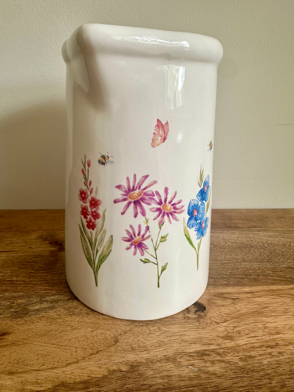 Ex-Display | Rustic Farmhouse Jug Vase - Flowers, Bees & Butterfly’s Design| Large