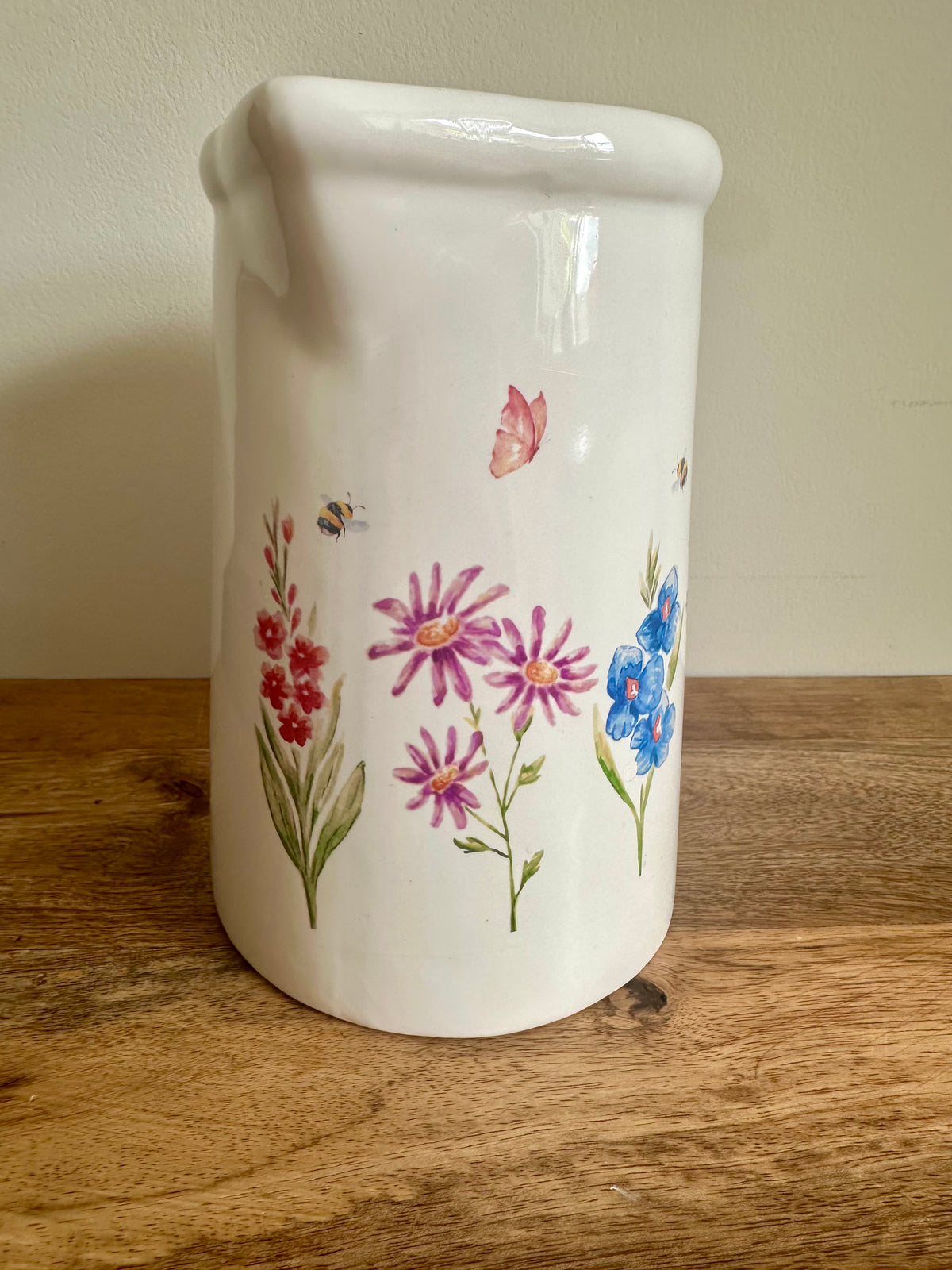 Ex-Display | Rustic Farmhouse Jug Vase - Flowers, Bees & Butterfly’s Design| Large