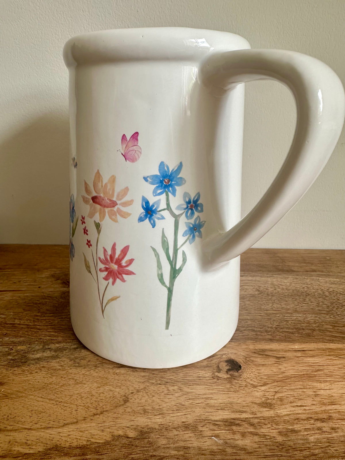 Ex-Display | Rustic Farmhouse Jug Vase - Flowers, Bees & Butterfly’s Design| Large