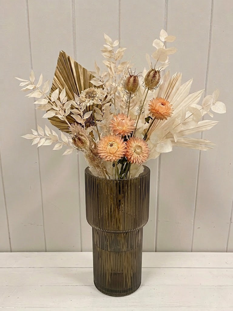 Olive Green Tall Glass Ribbed Vase