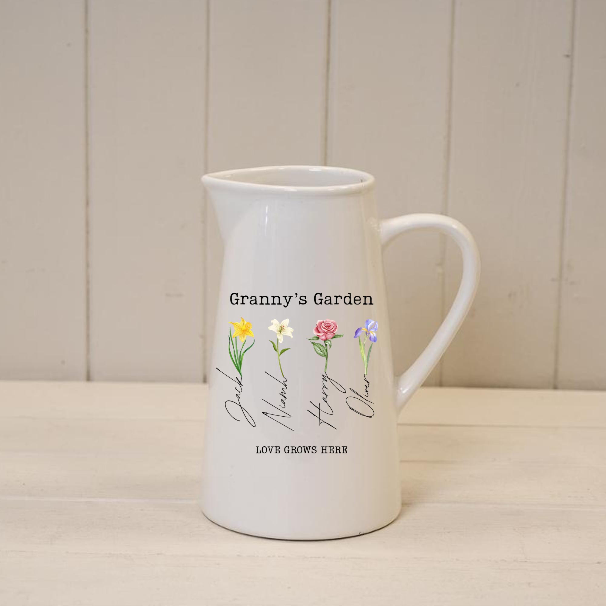 Personalised Large ‘Any Name’ Love Grows Here Birth Flower Jug Vase