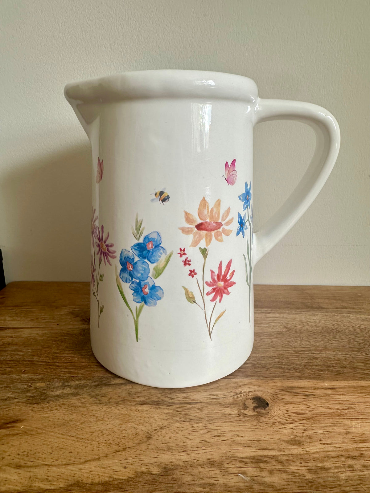 Ex-Display | Rustic Farmhouse Jug Vase - Flowers, Bees & Butterfly’s Design| Large