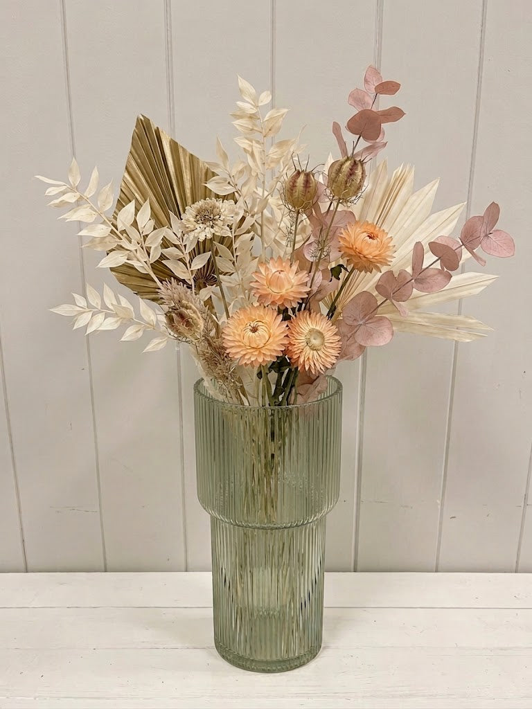 Vintage green Tall Glass Ribbed Vase