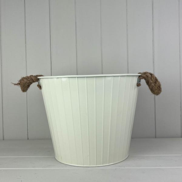 Cream Round Tapered Zinc Planter with Rope Ears and Drainage Hole
