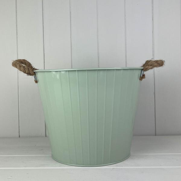 Sage Green Round Tapered Zinc Planter with Rope Ears and Drainage Hole