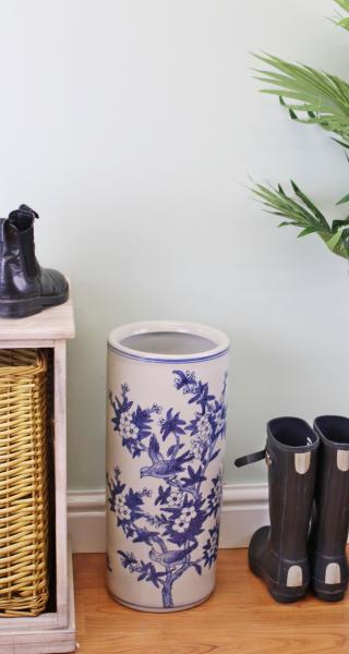Umbrella Stand Vintage Blue & White Bird Design