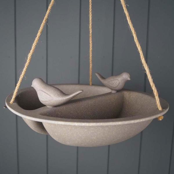 Earthy Straw Hanging Bird Bath and Feeder