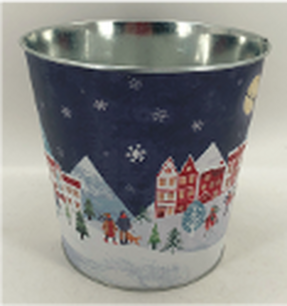 Large Blue Christmas Village Scene Pot