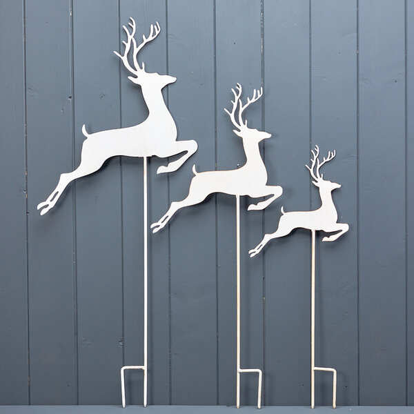 S/3 White Metal Reindeers on Stake