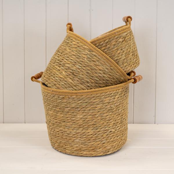 Set of 3 Natural Rope & Grass Storage Basket L: M: S: