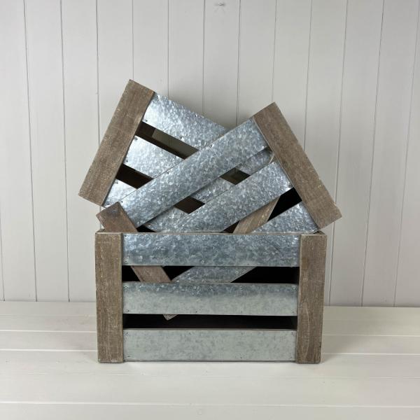 Set of Three Wood and Zinc Crates