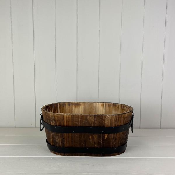 Wooden Oval Planter with 2 Metal Bands and Handles