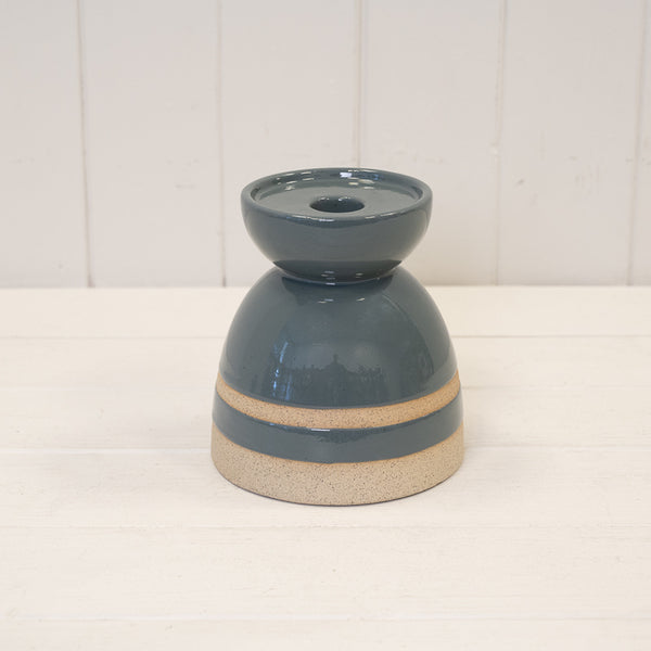 Blue Ceramic Glazed Candle Holder with Unglazed Detail