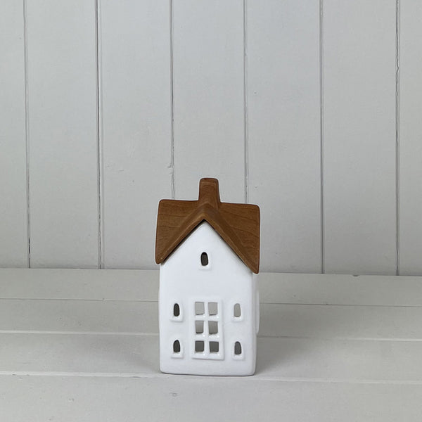 White/Wood Grain Effect Ceramic House Tealight Holder