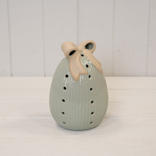 Sage Green Ceramic Egg with Bow Large with LED Timer