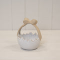 Ceramic Easter Egg Basket White Glazed with Unglazed Bow Handle