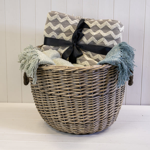Willow Log Basket with Hessian Liner and Rope Handles