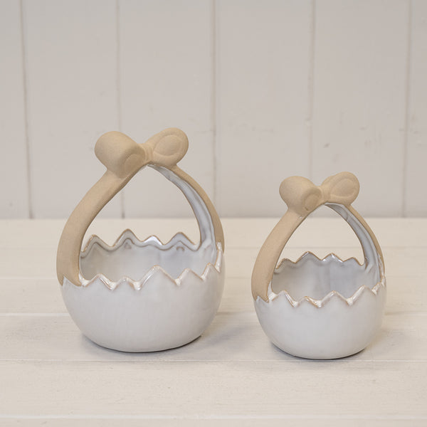 Ceramic Easter Egg Basket White Glazed with Unglazed Bow Handle