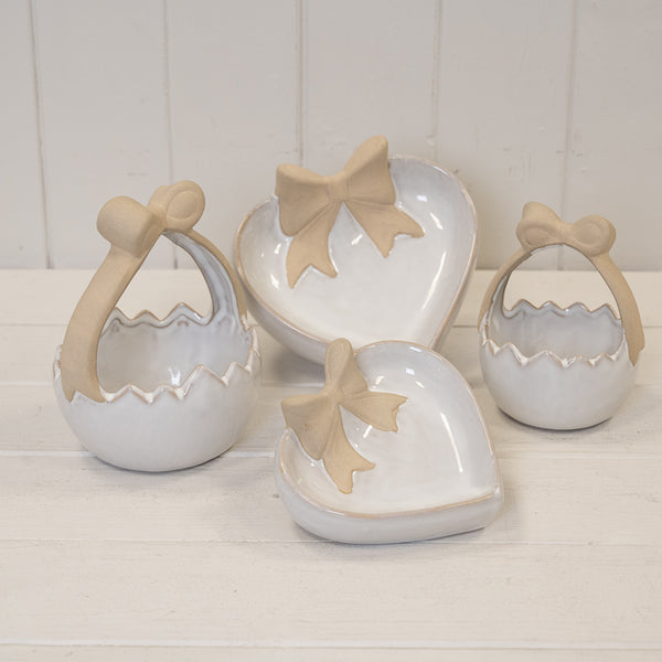 Ceramic Easter Egg Basket White Glazed with Unglazed Bow Handle