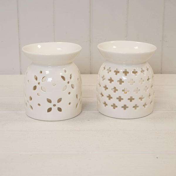 Large White Ceramic Glazed Oil Burner with Flower Petal Design