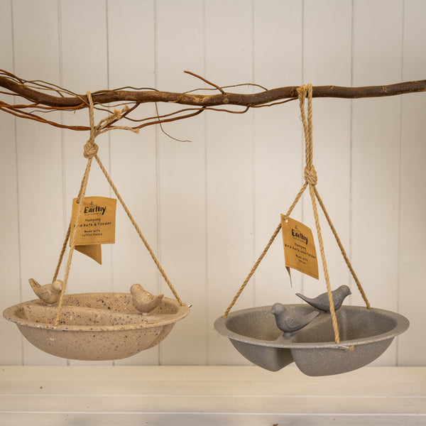 Earthy Straw Hanging Bird Bath and Feeder