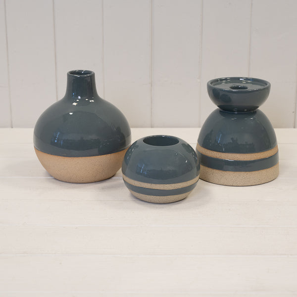 Blue Ceramic Glazed Candle Holder with Unglazed Detail