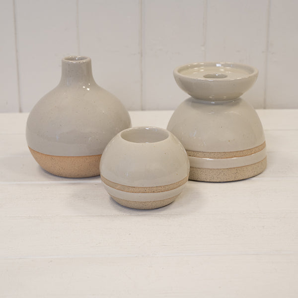 Taupe Glazed Candle Holder with Unglazed Design