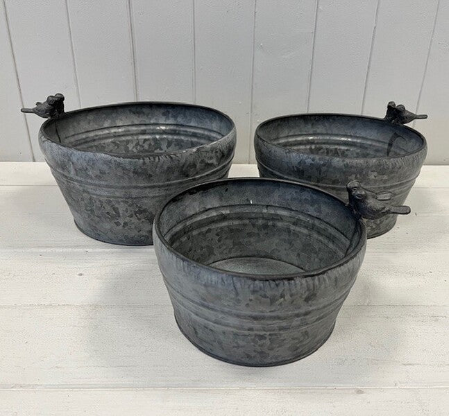 Set of Three Dark Round Planters with Bird