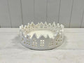 White Glazed Ceramic Candle Tray with Silhouette Houses Design