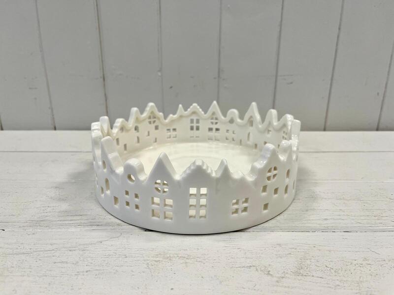 White Glazed Ceramic Candle Tray with Silhouette Houses Design