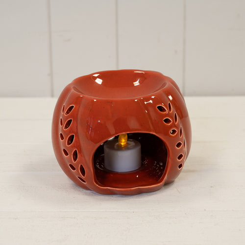 Burnt Orange Ceramic Wax Burner with Leaf Detail