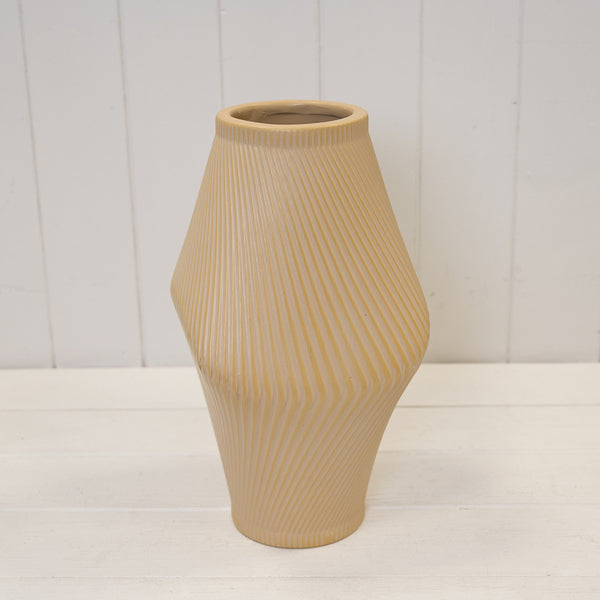 Modern Tan Sculptural Ribbed Vase.