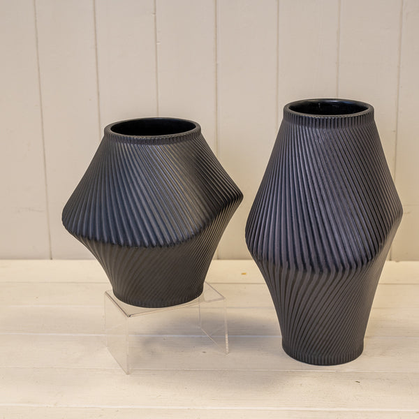 Short Graphite Sculptural Ribbed Vase.