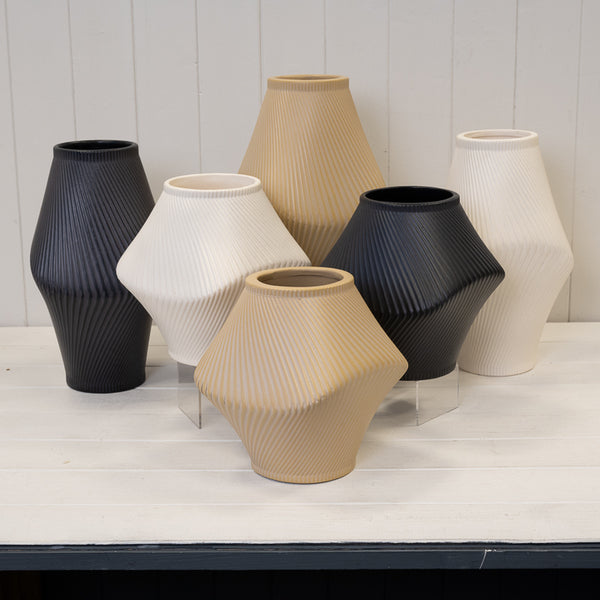 Short Graphite Sculptural Ribbed Vase.