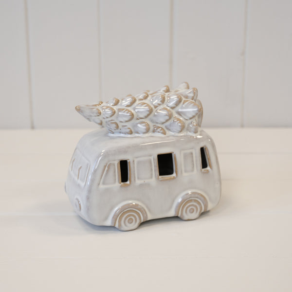 Ceramic Natural Camper Van with Christmas Tree on Roof