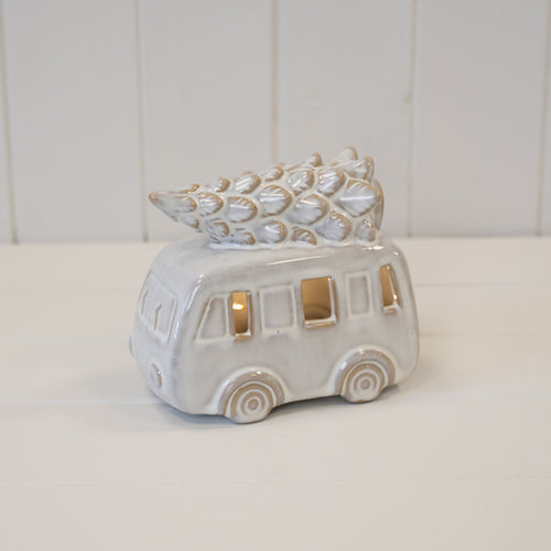 Ceramic Natural Camper Van with Christmas Tree on Roof