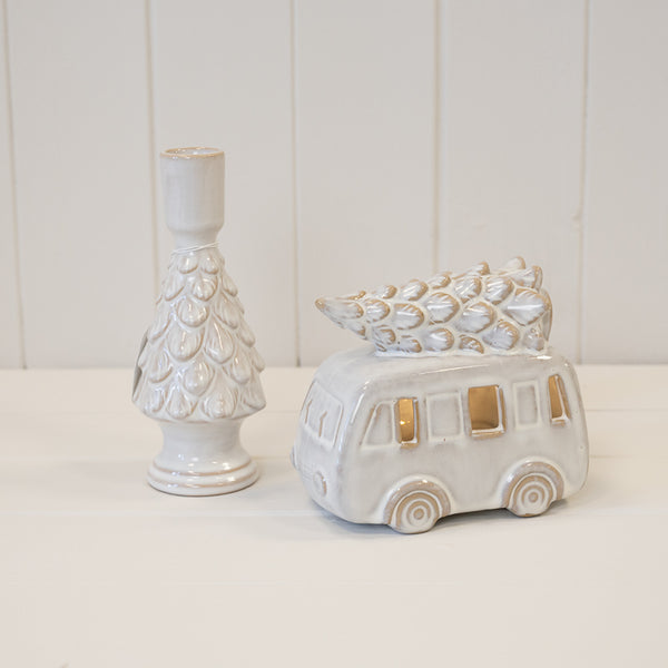Ceramic Natural Camper Van with Christmas Tree on Roof