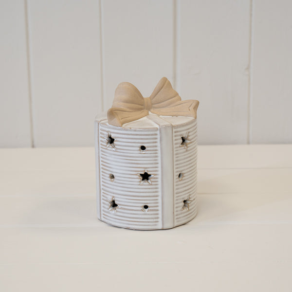 Large Ceramic LED Present with Bow Topper