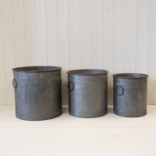 Set of Three Round Zinc Planters. S TD25 M TD30 L TD35
