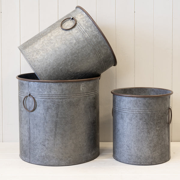 Set of Three Round Zinc Planters. S TD25 M TD30 L TD35