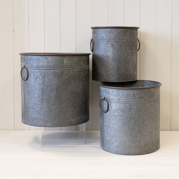 Set of Three Round Zinc Planters. S TD25 M TD30 L TD35