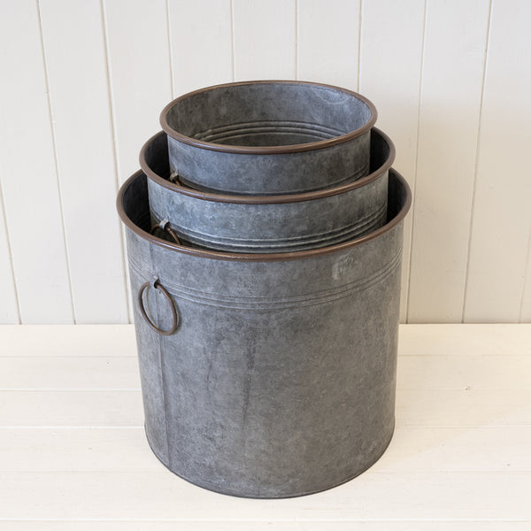 Set of Three Round Zinc Planters. S TD25 M TD30 L TD35