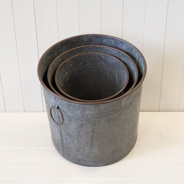 Set of Three Round Zinc Planters. S TD25 M TD30 L TD35