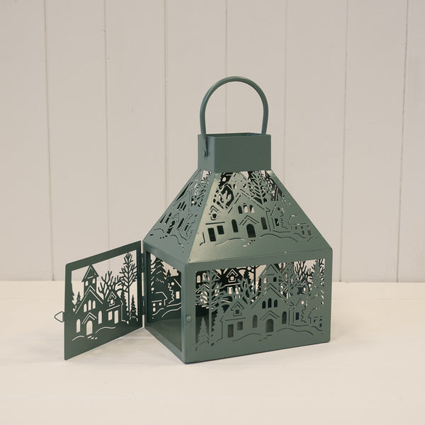 Metal Lantern with Cutout Christmas scene Dark Sage Green