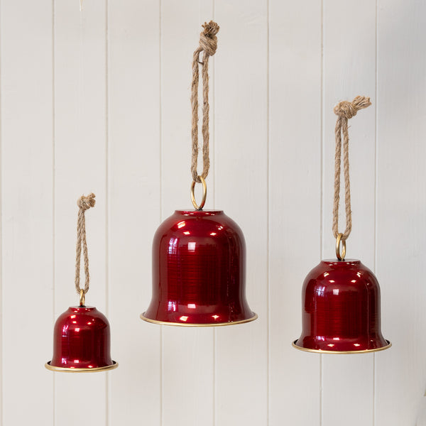 Set of 3 Glossy Red Bells with Hanger