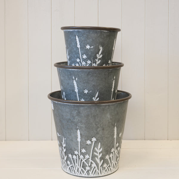 Set of Three Rustic metal planters with Meadow design