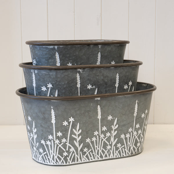 Set of Three Meadow Oval Zinc Planters
