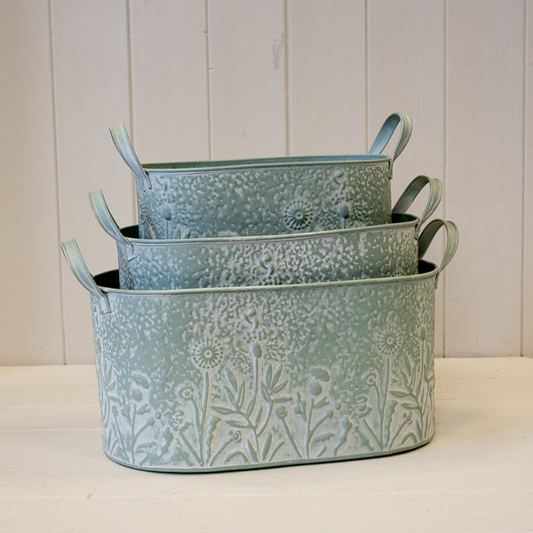 Sage Oval Zinc Planters with Floral Design Set of 3