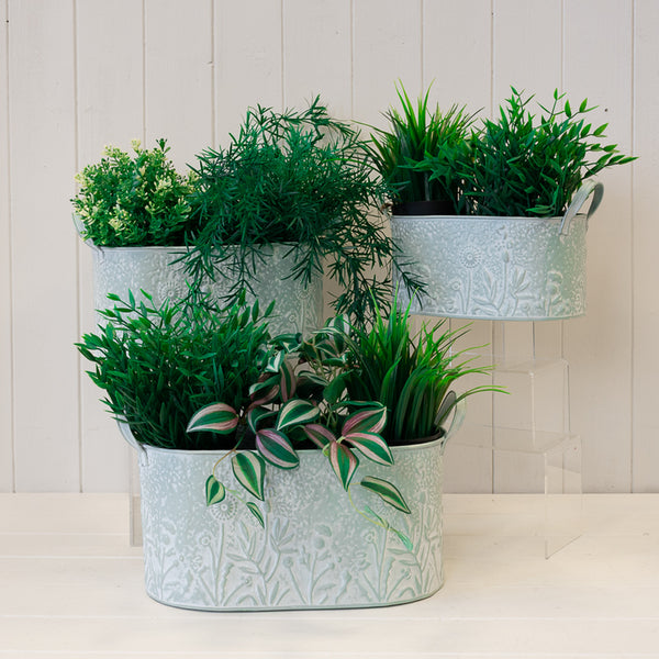 Sage Oval Zinc Planters with Floral Design Set of 3
